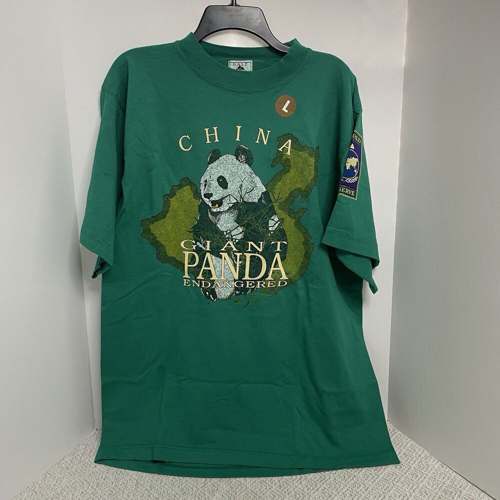 Vintage Galt Sand Mens L China Panda Endangered Graphic Green T-Shirt **READ**